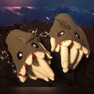 Shark Attack Knit Gloves — Grey Fingerless Shark Bite Mittens